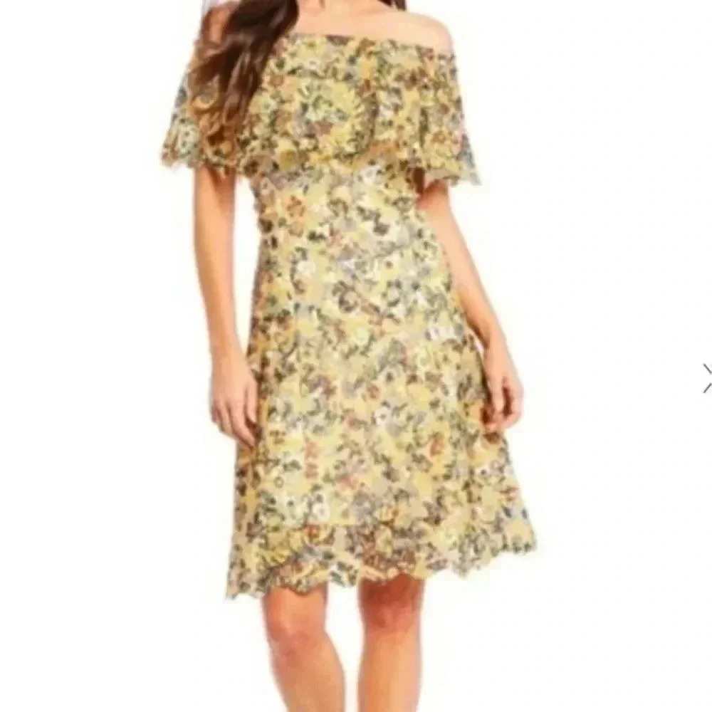 ALEX MARIE Anna Flounce Lace Off The Shoulder Cottagecore Floral Dress Size 4 S